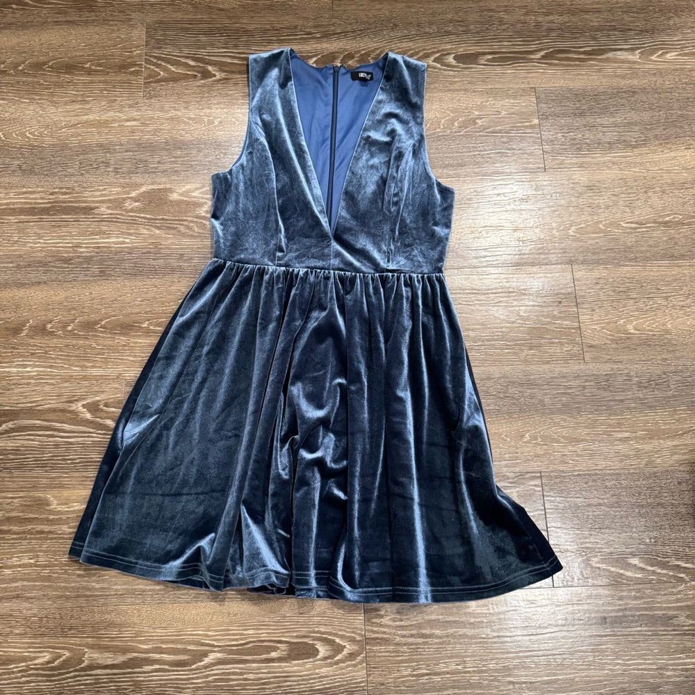 Lucca Couture plunge neck Asymmetrical Velvet mini Dress in Blue